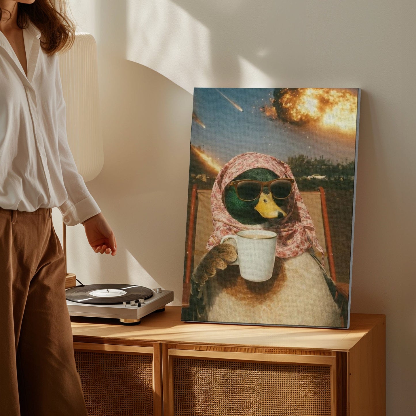 Calm Duck Drinking Coffee During Apocalypse Wall Art