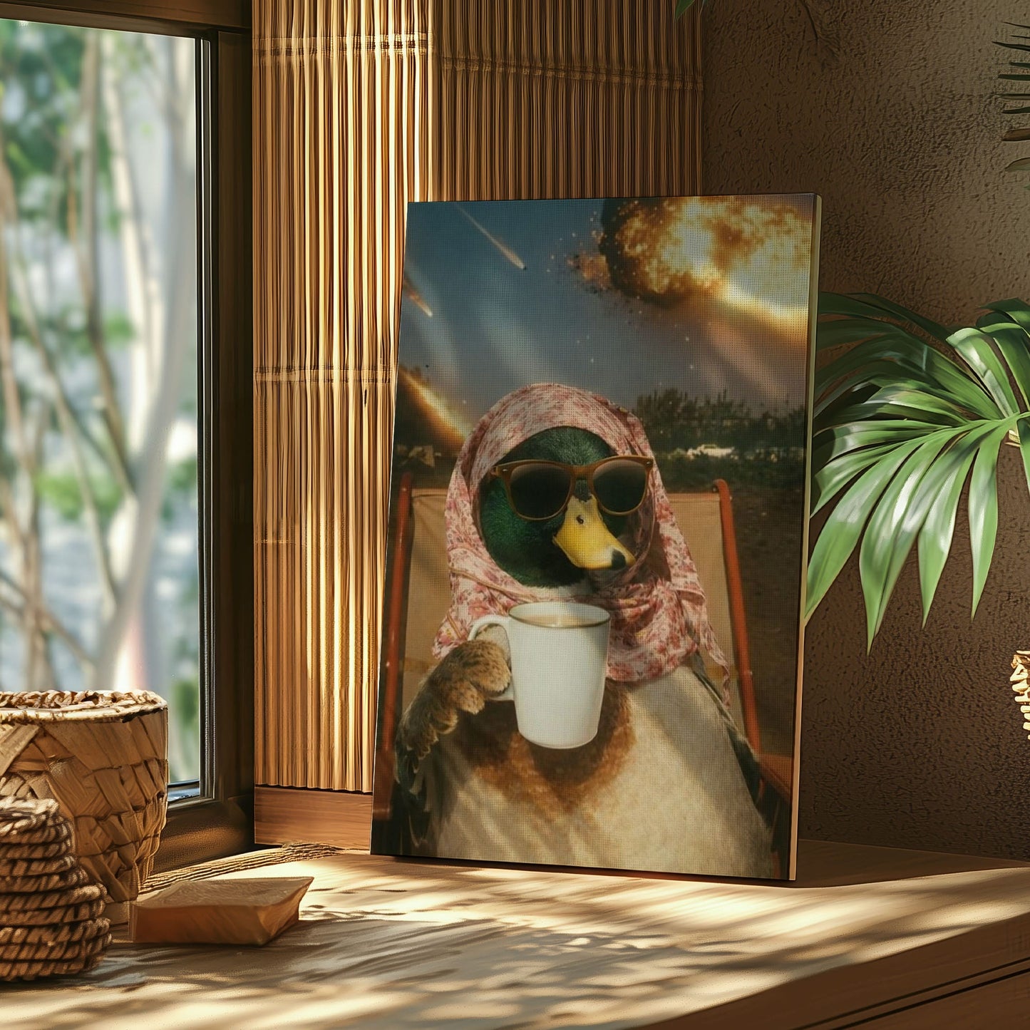 Calm Duck Drinking Coffee During Apocalypse Wall Art