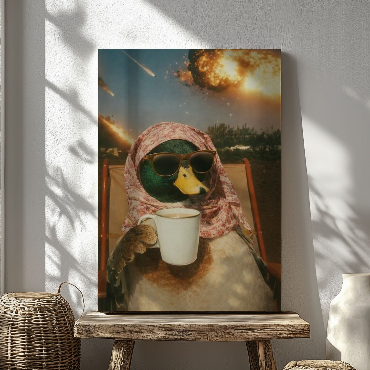 Calm Duck Drinking Coffee During Apocalypse Wall Art