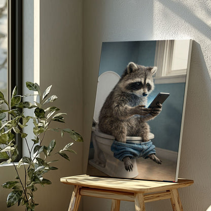 Raccoon Checking Phone Bathroom Humor Animal Art