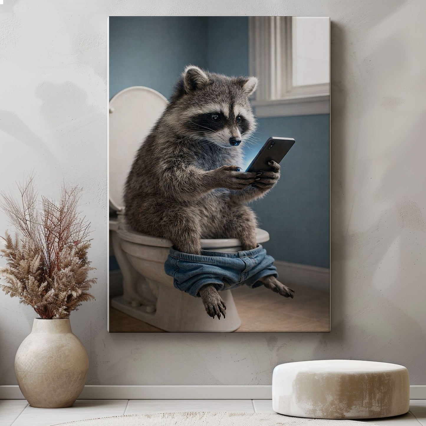 Raccoon Checking Phone Bathroom Humor Animal Art