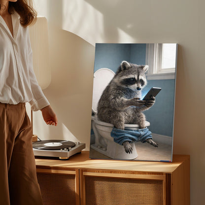 Raccoon Checking Phone Bathroom Humor Animal Art