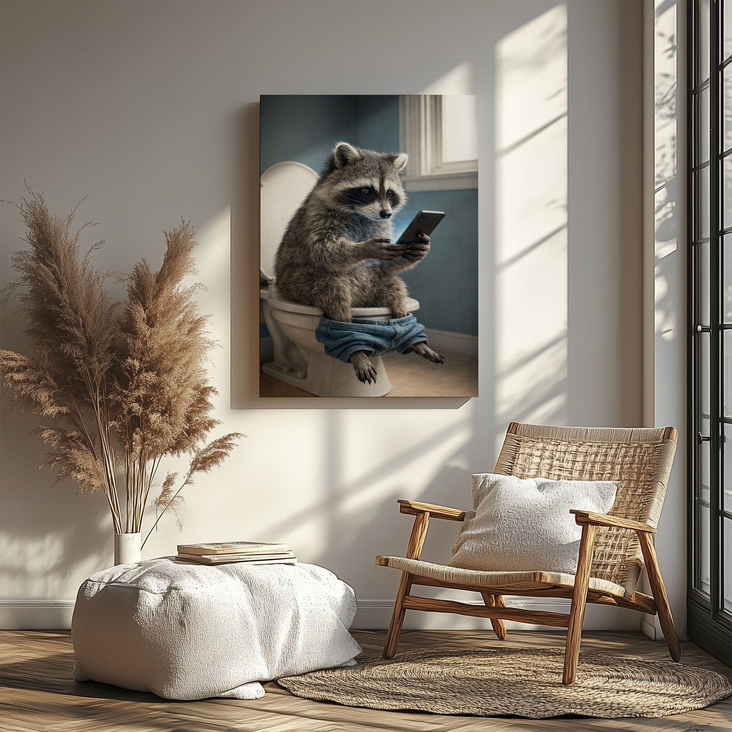 Raccoon Checking Phone Bathroom Humor Animal Art