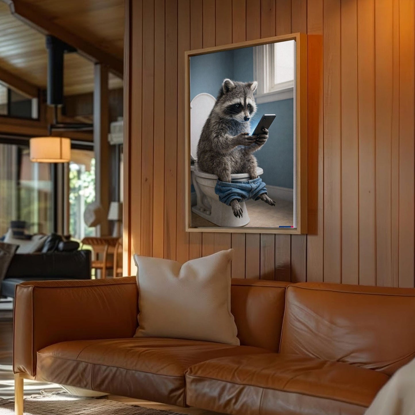 Raccoon Checking Phone Bathroom Humor Animal Art