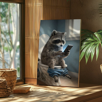 Raccoon Checking Phone Bathroom Humor Animal Art