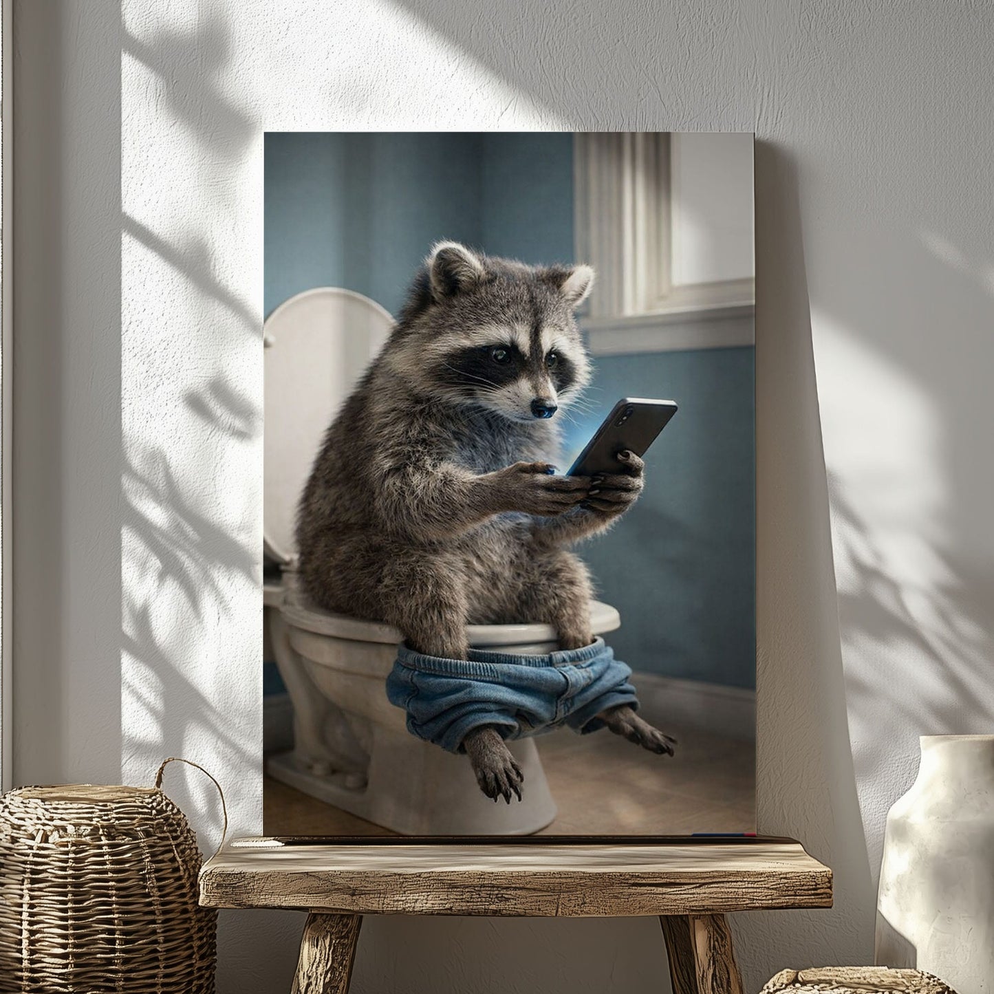 Raccoon Checking Phone Bathroom Humor Animal Art