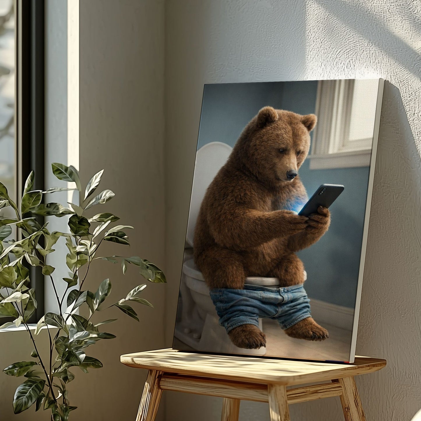 Bear on Toilet Phone  Bathroom Wall Art