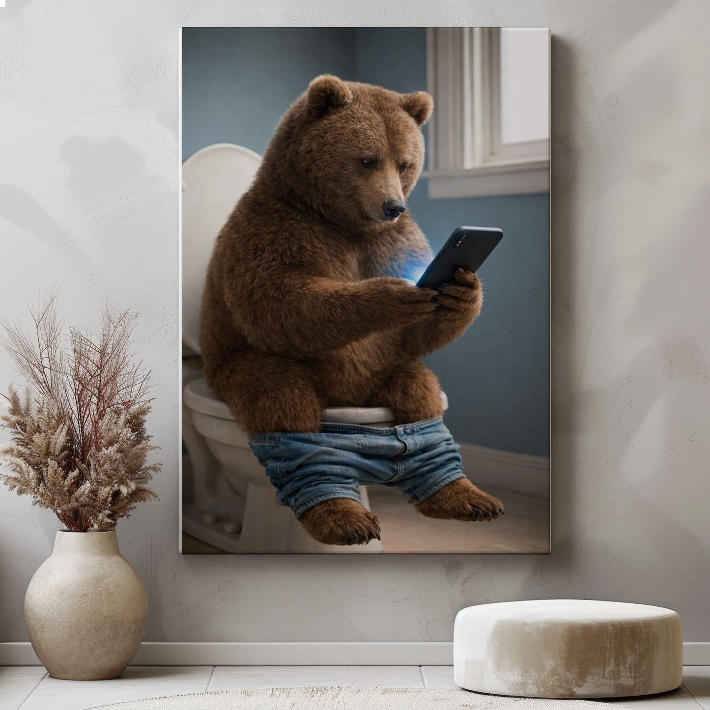 Bear on Toilet Phone  Bathroom Wall Art