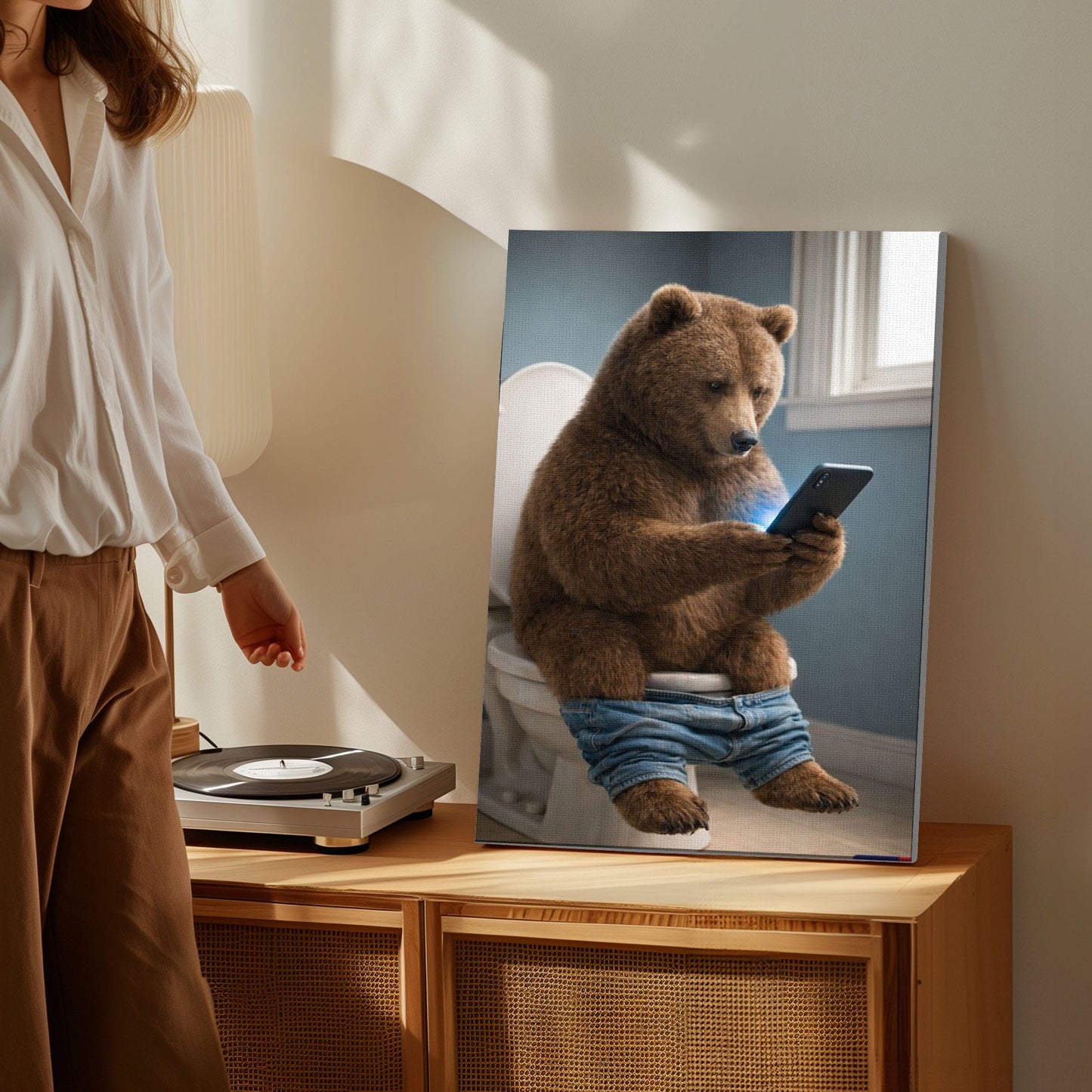 Bear on Toilet Phone  Bathroom Wall Art