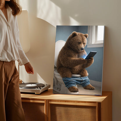 Bear on Toilet Phone  Bathroom Wall Art