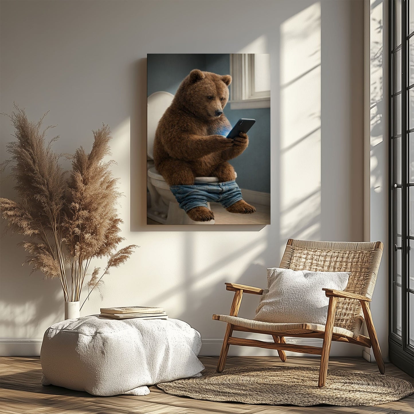 Bear on Toilet Phone  Bathroom Wall Art