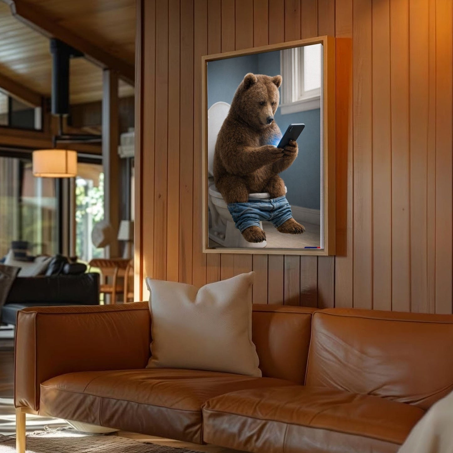 Bear on Toilet Phone  Bathroom Wall Art