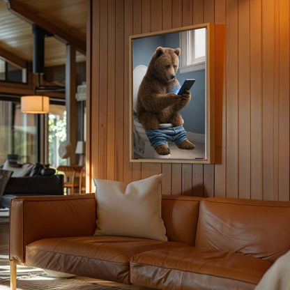 Bear on Toilet Phone  Bathroom Wall Art