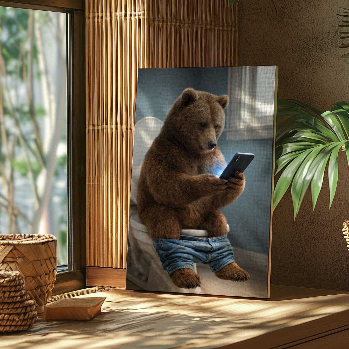 Bear on Toilet Phone  Bathroom Wall Art