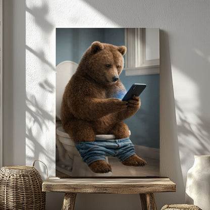 Bear on Toilet Phone  Bathroom Wall Art