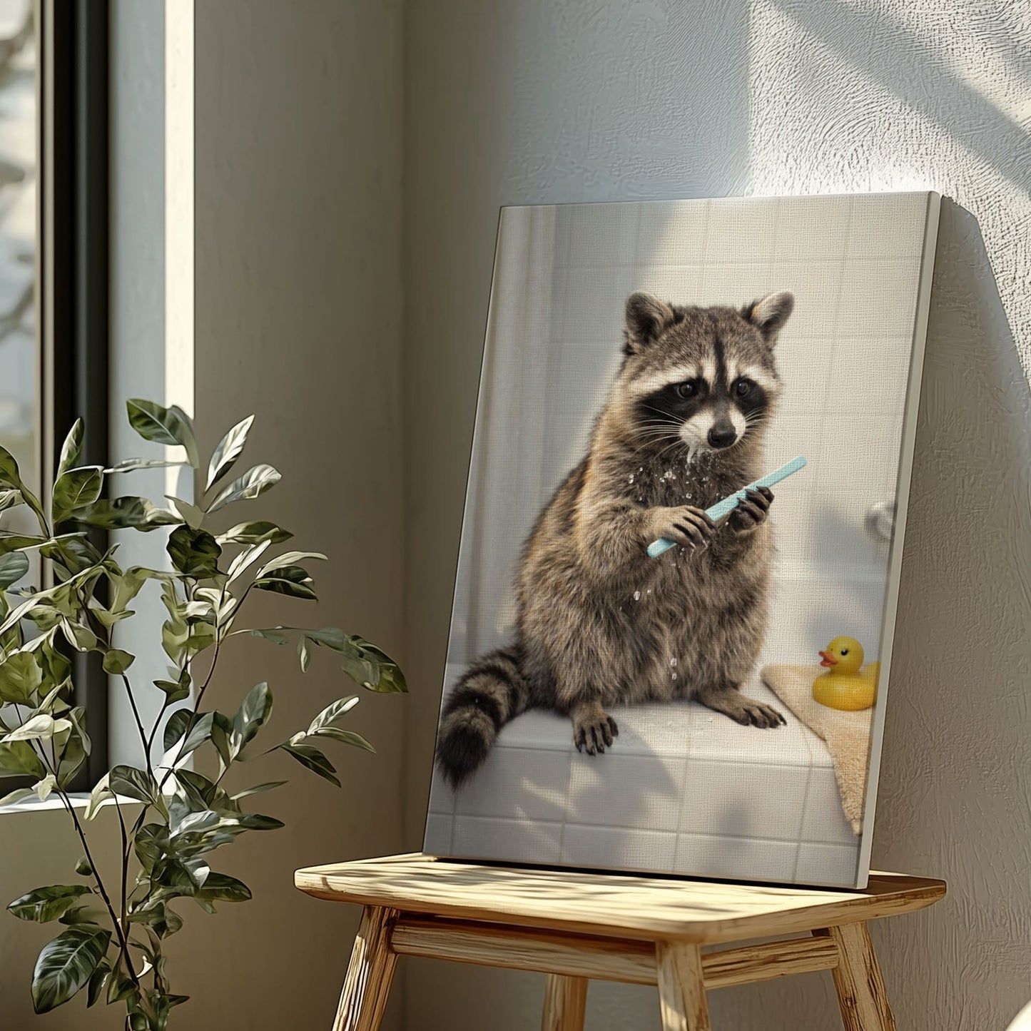 Raccoon Brushing Teeth in Bathtub Bathroom Wall Art Canvas