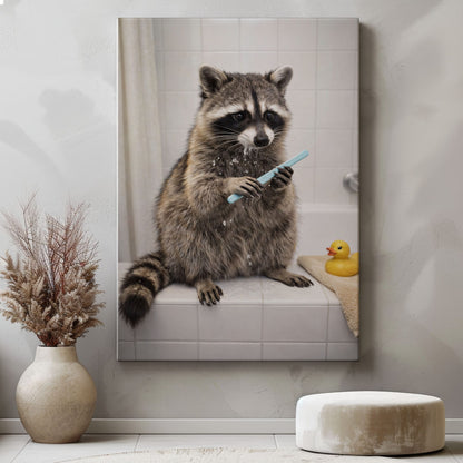 Raccoon Brushing Teeth in Bathtub Bathroom Wall Art Canvas