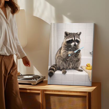 Raccoon Brushing Teeth in Bathtub Bathroom Wall Art Canvas