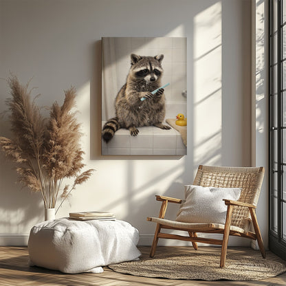 Raccoon Brushing Teeth in Bathtub Bathroom Wall Art Canvas