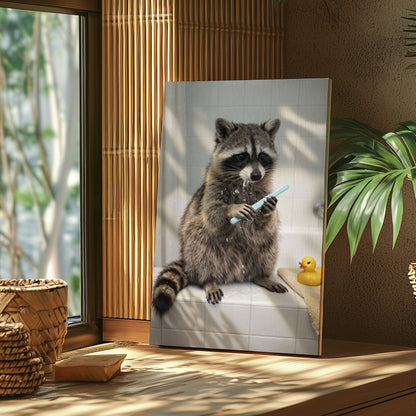 Raccoon Brushing Teeth in Bathtub Bathroom Wall Art Canvas