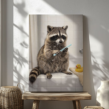 Raccoon Brushing Teeth in Bathtub Bathroom Wall Art Canvas