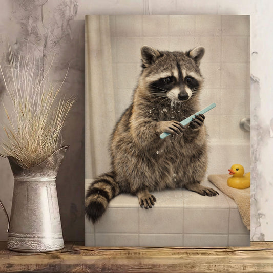 Raccoon Brushing Teeth in Bathtub Bathroom Wall Art Canvas