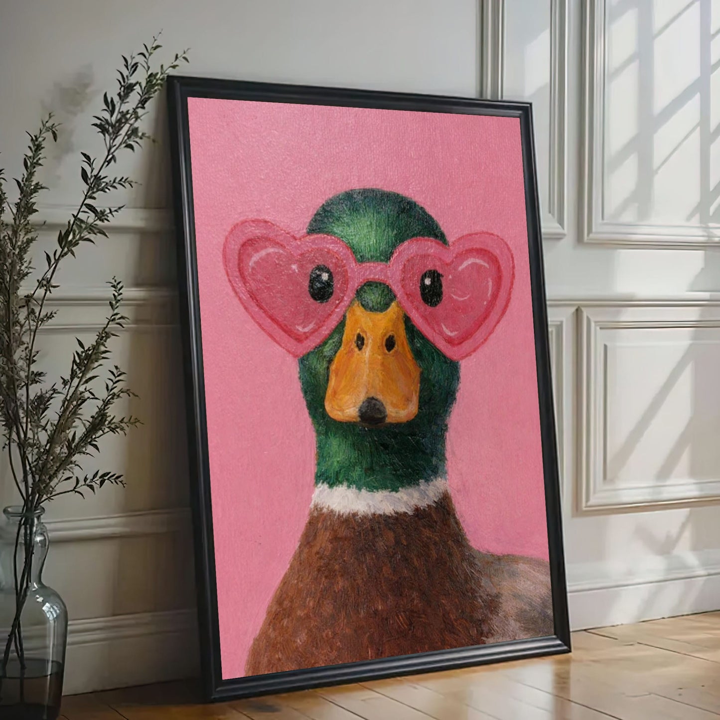 Pink Duck Wall Art Cute Animal Canvas for Bedroom Decor