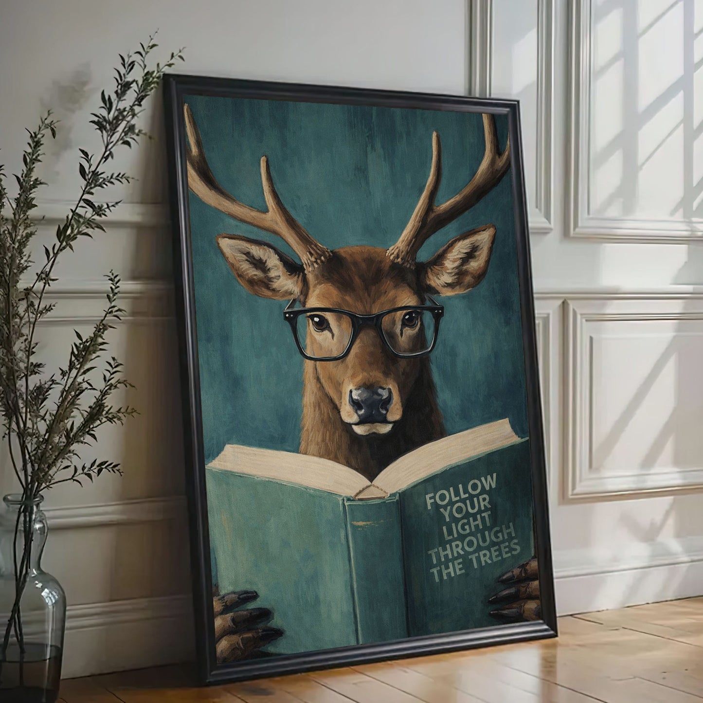 Wise Deer Wall Art Poster Reading Deer Canvas Decor
