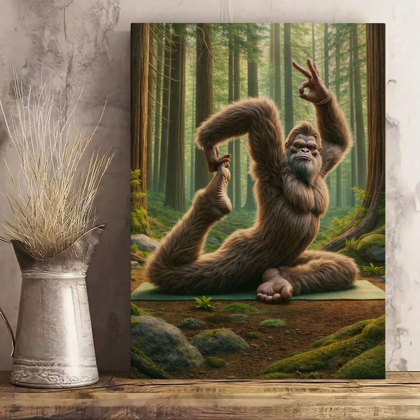 Sasquatch Yoga Wall Art Rustic Cabin Humor Canvas Decor