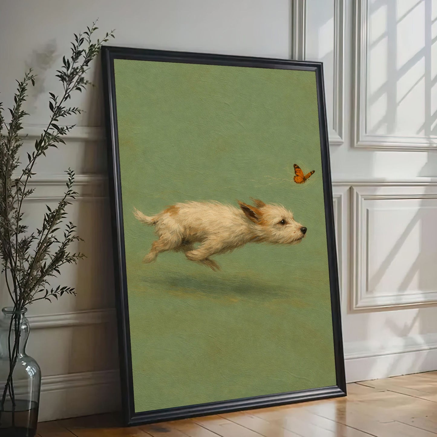 Chasing Butterflies Dog Wall Art Whimsical Puppy Canvas Print