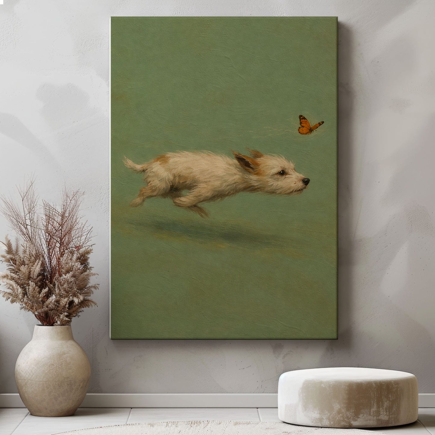 Chasing Butterflies Dog Wall Art Whimsical Puppy Canvas Print