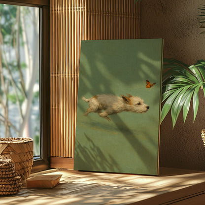 Chasing Butterflies Dog Wall Art Whimsical Puppy Canvas Print