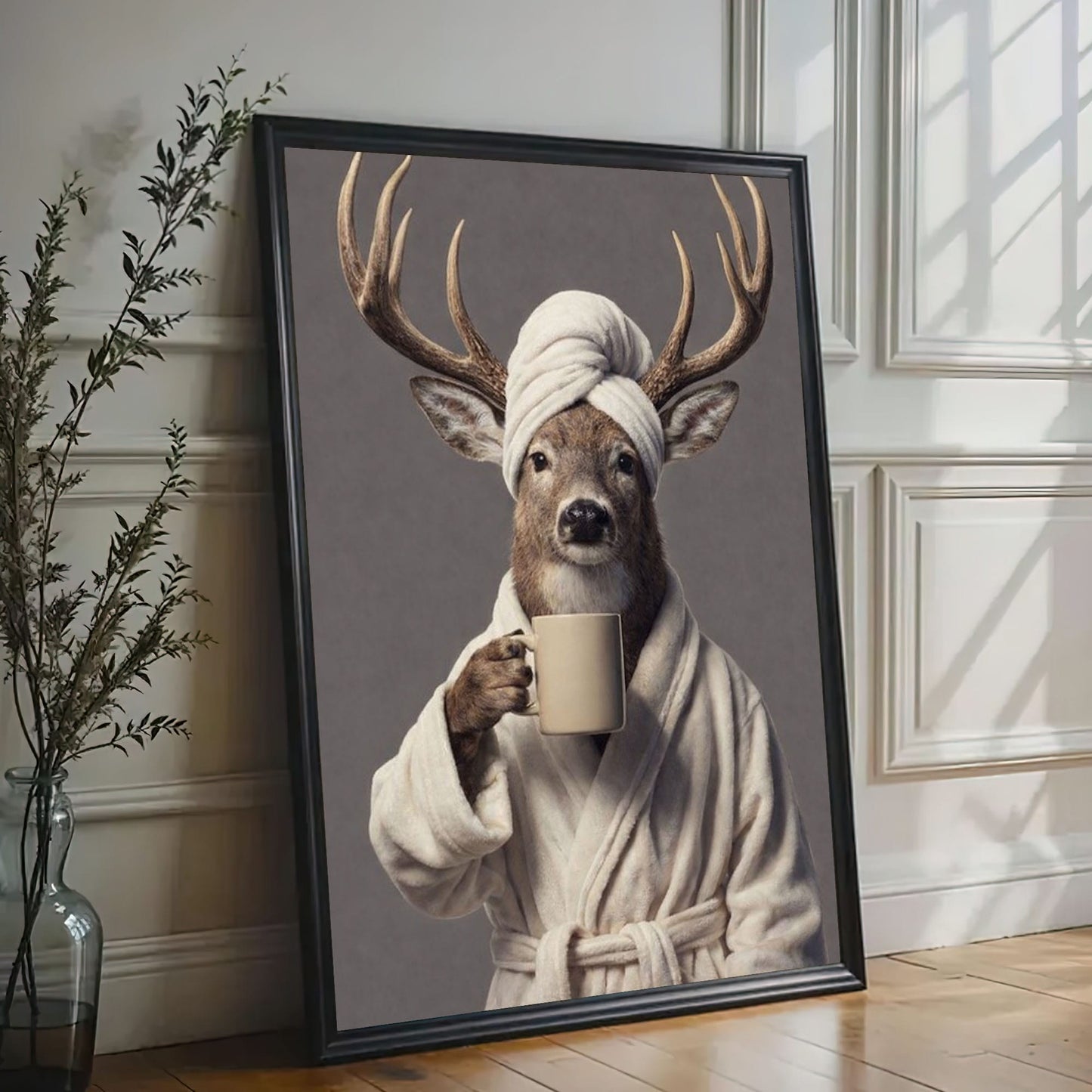 Morning Coffee Deer Bathroom Decor Wall Art