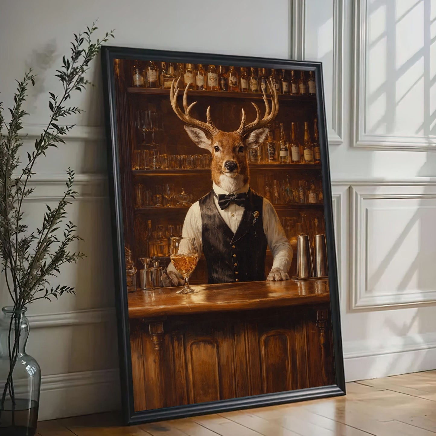 Gentleman Deer Bartender Rustic Bar Canvas Wall Art