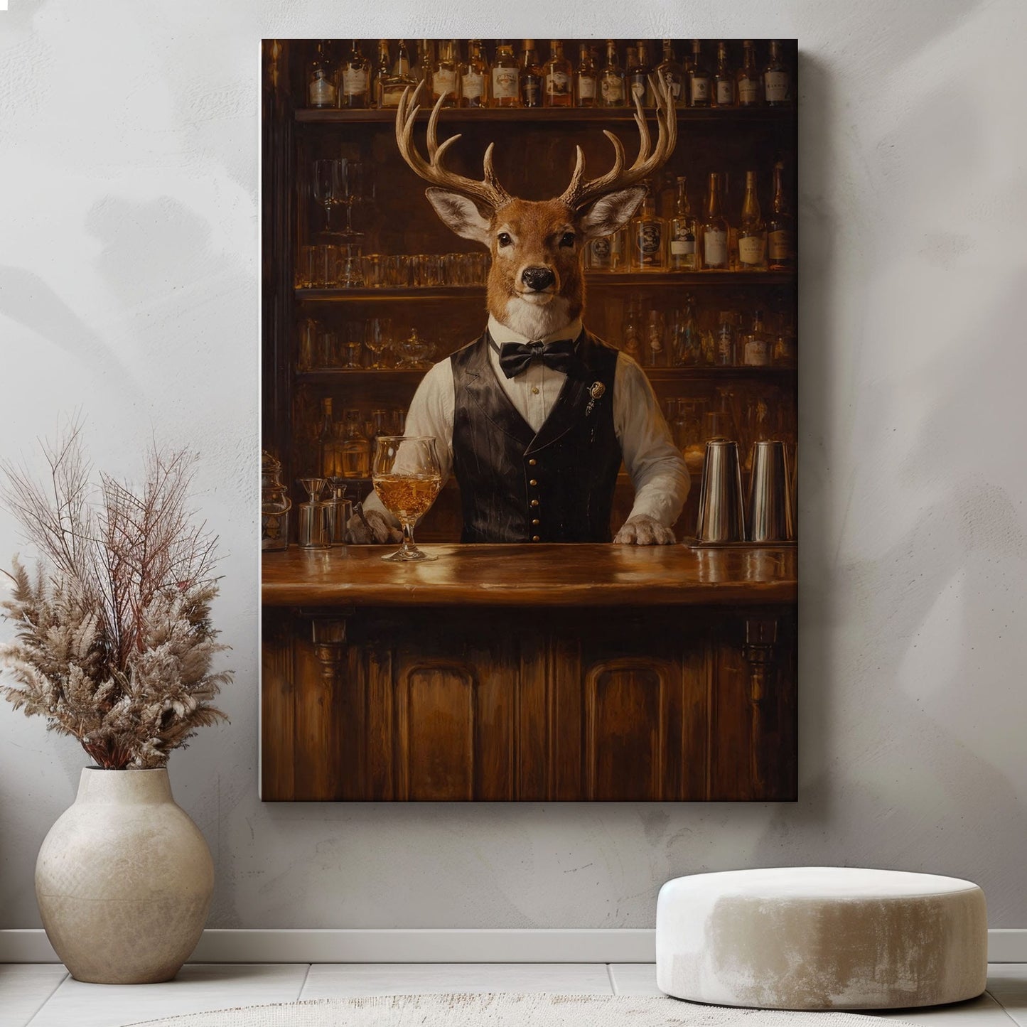 Gentleman Deer Bartender Rustic Bar Canvas Wall Art
