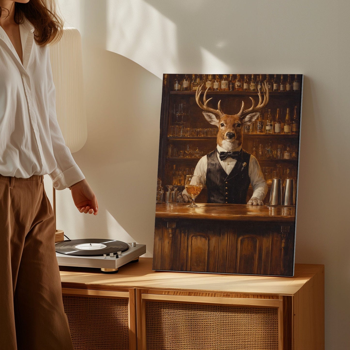 Gentleman Deer Bartender Rustic Bar Canvas Wall Art