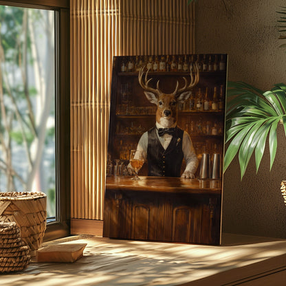 Gentleman Deer Bartender Rustic Bar Canvas Wall Art