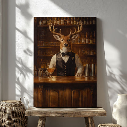 Gentleman Deer Bartender Rustic Bar Canvas Wall Art