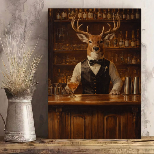 Gentleman Deer Bartender Rustic Bar Canvas Wall Art