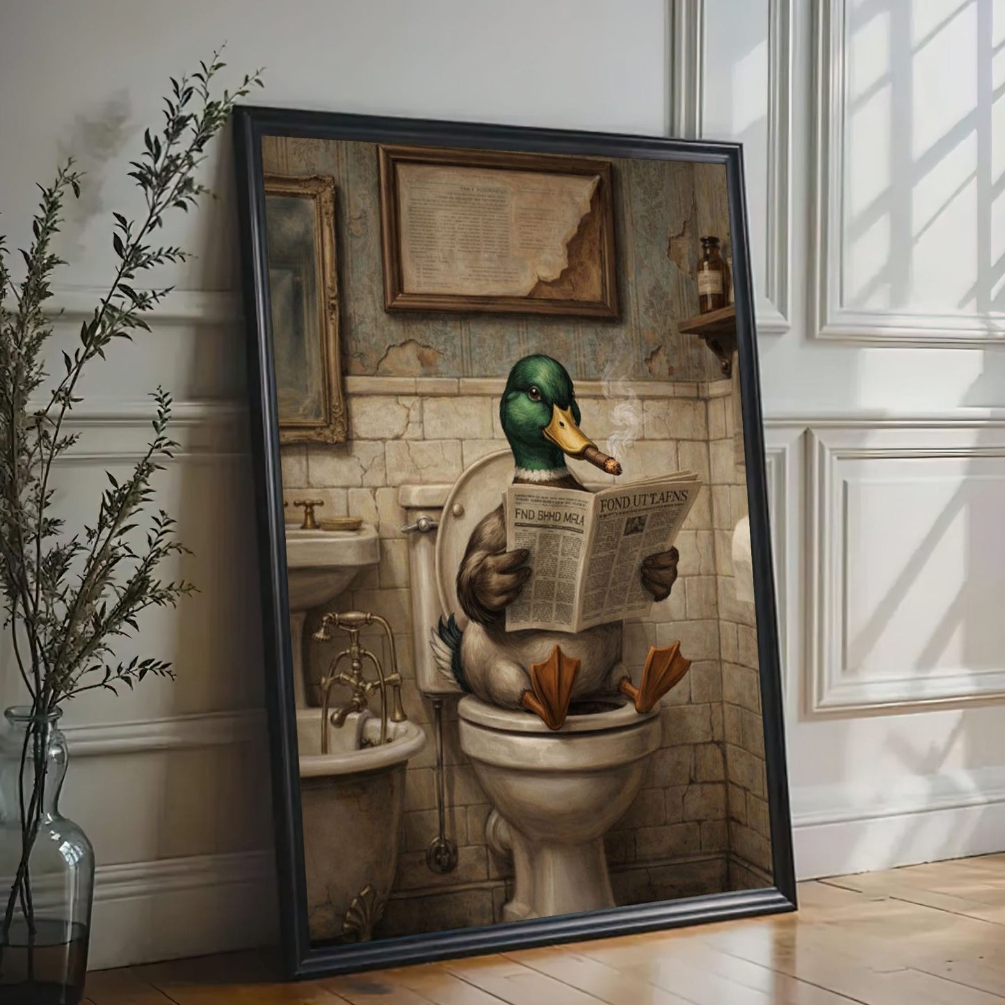 Duck Reading Newspaper Bathroom Decor Wall Art