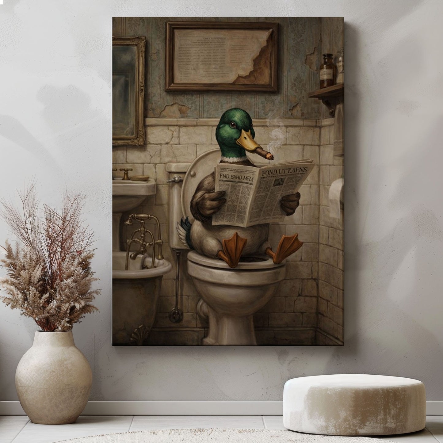 Duck Reading Newspaper Bathroom Decor Wall Art
