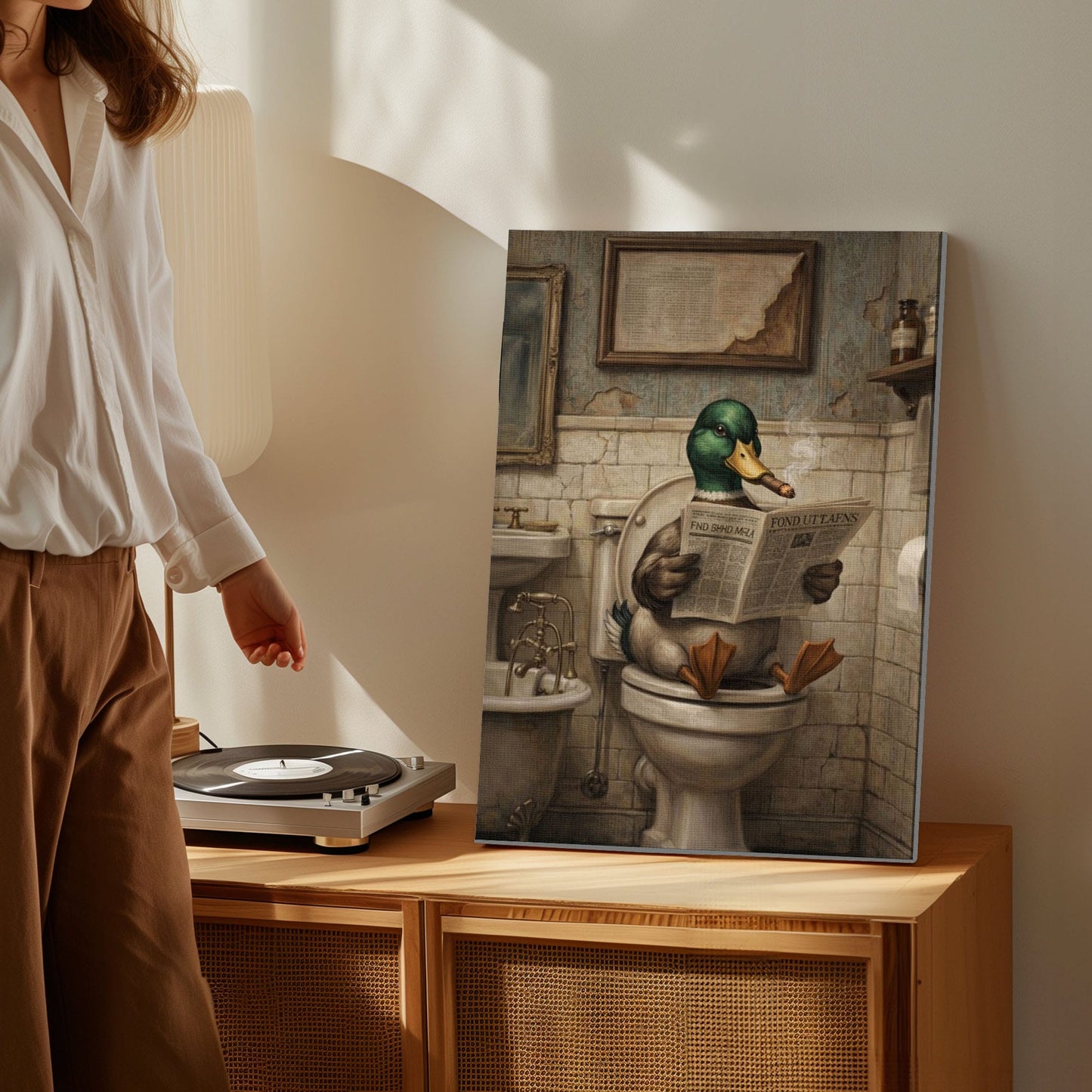 Duck Reading Newspaper Bathroom Decor Wall Art