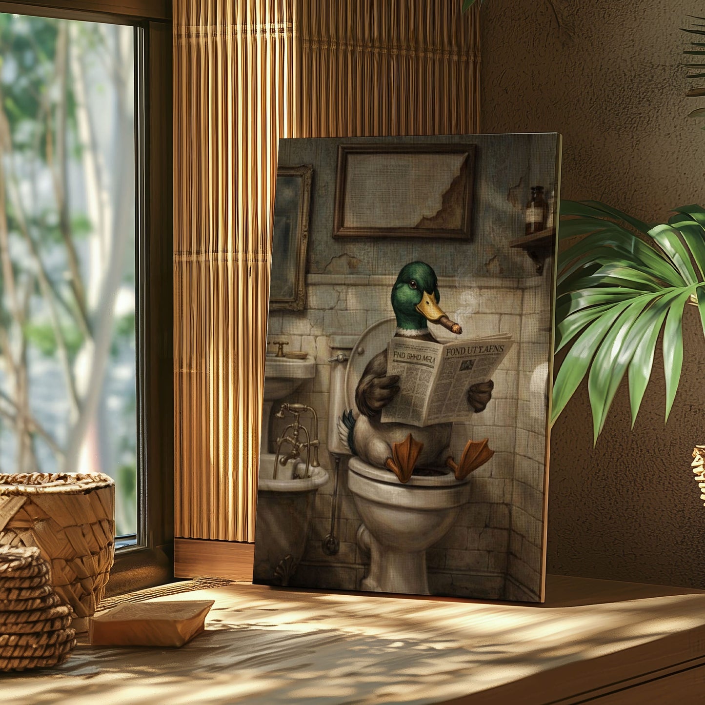 Duck Reading Newspaper Bathroom Decor Wall Art