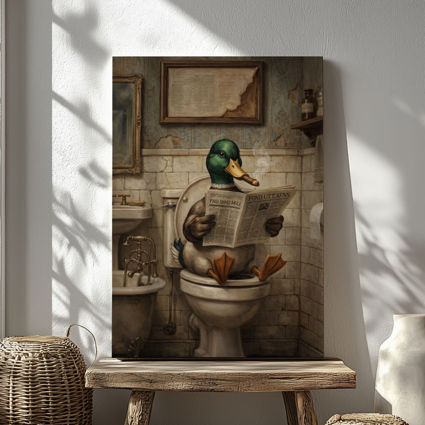 Duck Reading Newspaper Bathroom Decor Wall Art
