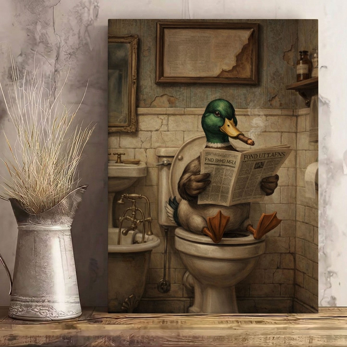 Duck Reading Newspaper Bathroom Decor Wall Art