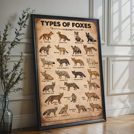 Types of Foxes Wall Art Vintage Fox Species Identification Chart