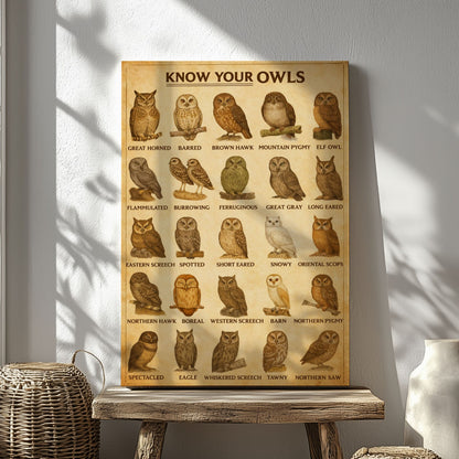Know Your Owls Canvas Wall Art Vintage Owl Identification Chart Poster
