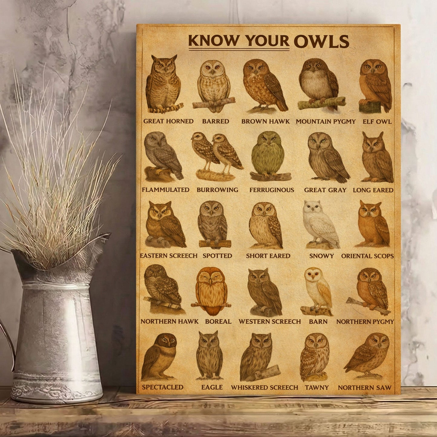 Know Your Owls Canvas Wall Art Owl Identification Chart Poster