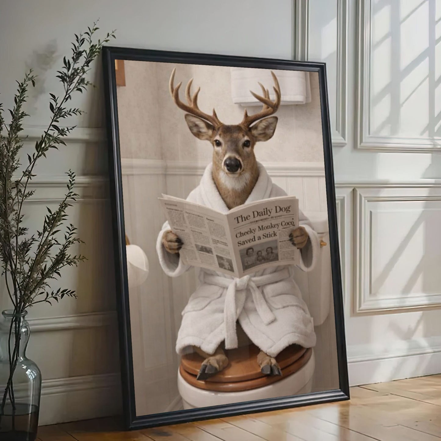 Humorous Buck Bathroom Canvas Print Deer in Bathrobe Reading Newspaper Poster