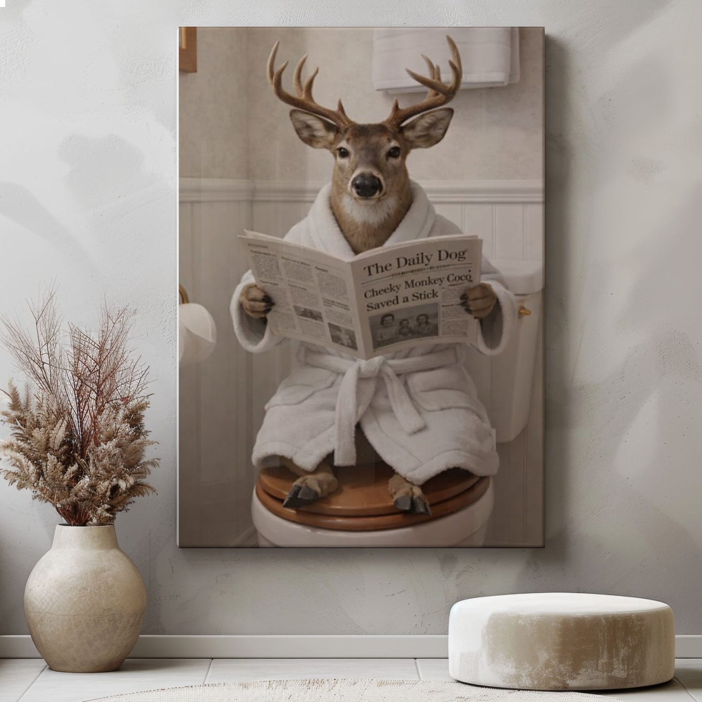 Humorous Buck Bathroom Canvas Print Deer in Bathrobe Reading Newspaper Poster